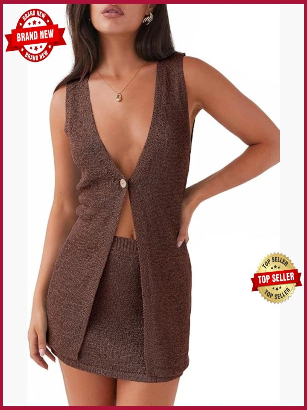 2 Piece Vacation Set Sleeveless V Neck Long Vest Knit Top & Mini Skirt Summer